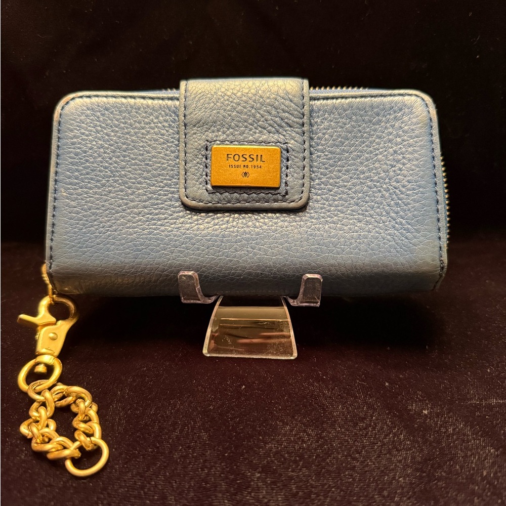 Fossil Blue Leather Wallet with Gold Logo